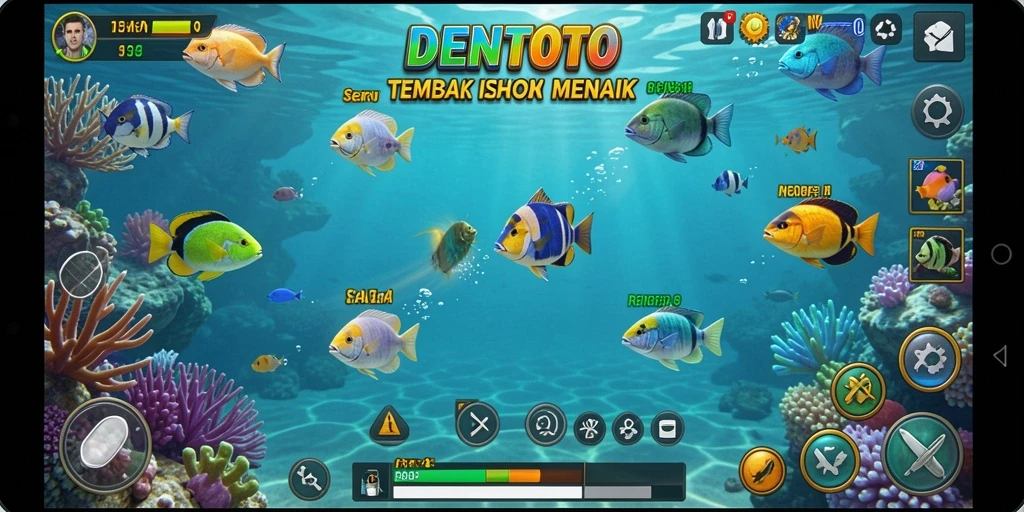 Screenshot gameplay DENTOTO menampilkan aksi menembak ikan yang seru.