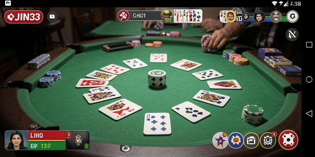 Screenshot gameplay seru dalam JIN33, menunjukkan pemain bersaing dalam Gaple.