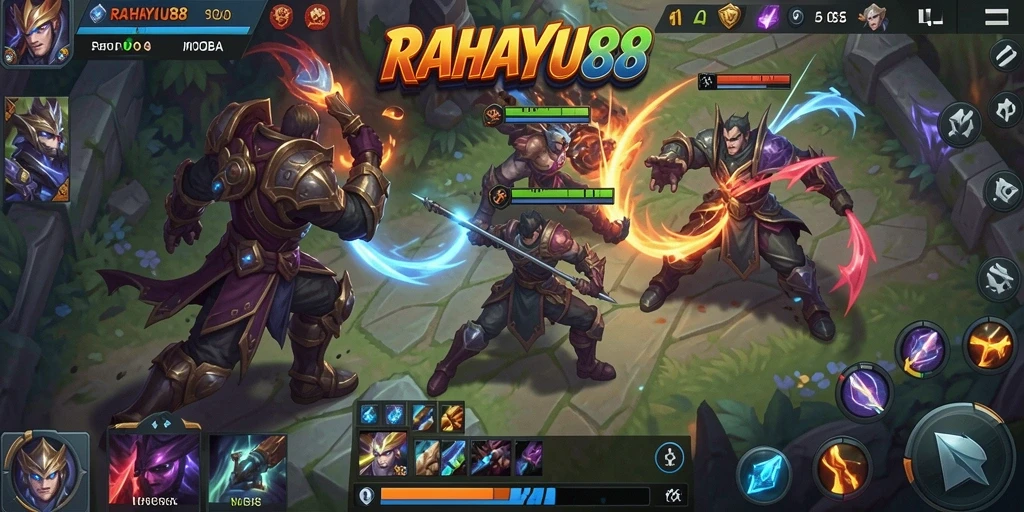 Screenshot gameplay RAHAYU88 yang menunjukkan aksi seru di arena MOBA.