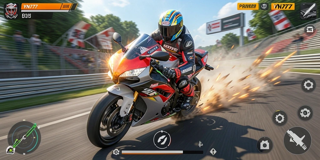 Tangkapan layar dari gameplay YN777 yang menunjukkan balapan motor yang mendebarkan.